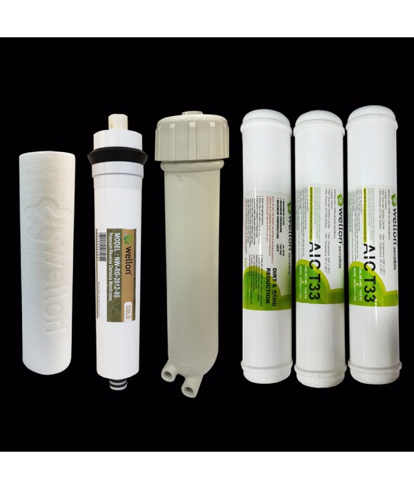 Wellon Replaceable Filter Kit (Inline Sediment, Inline Pre-Carbon, Inline Post Carbon, PP Sediment Filter, RO Membrane 80 GPD, Membrane Housing) Suitable for All Types of Water purifiers